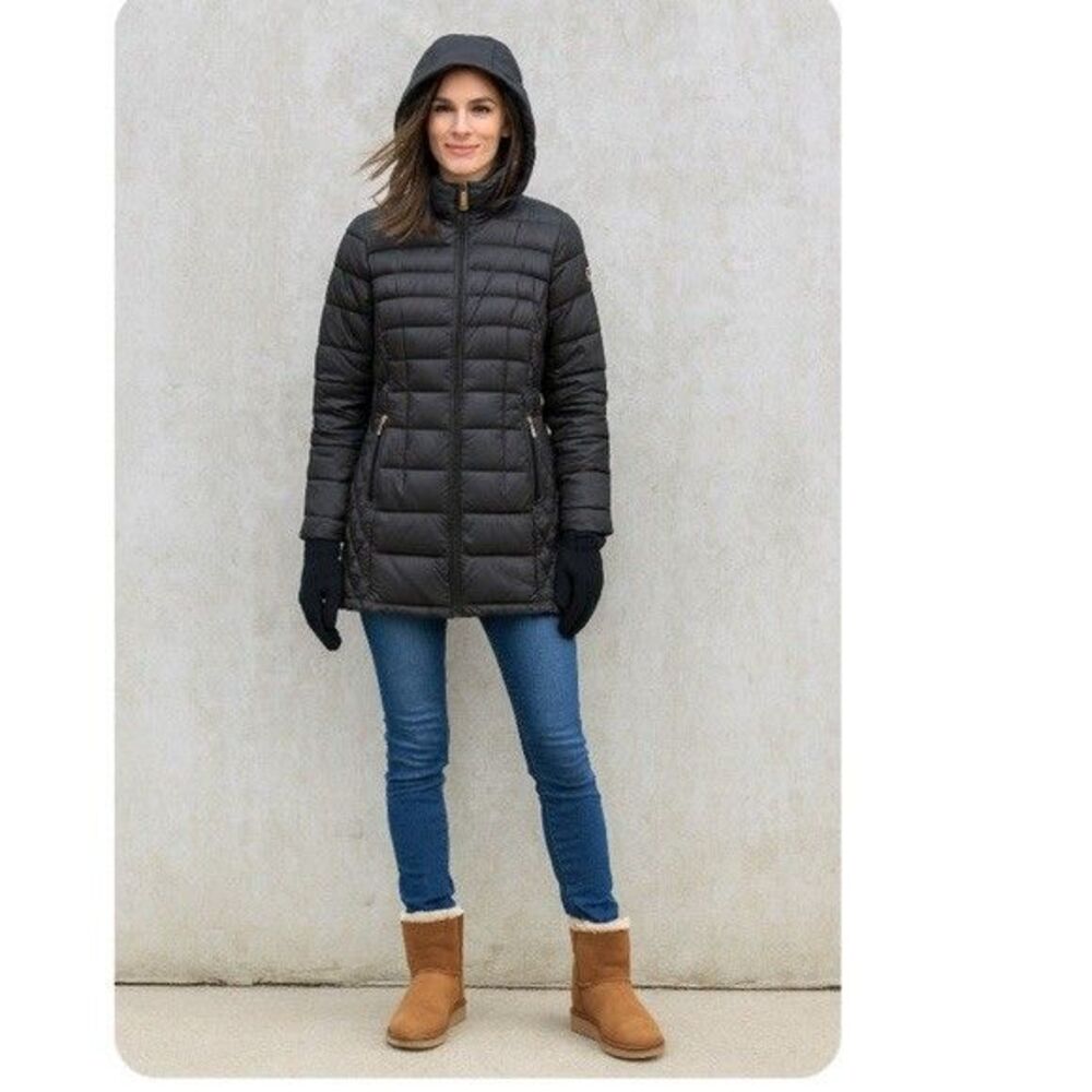 Michael Kors Women's Quilted Packable Down Jacket Black Hooded Puffer Sz Small